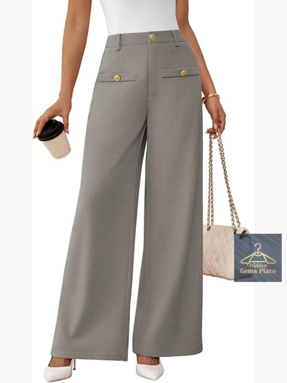 High Waist Wide Leg Palazzo Pants Work Trousers Textured Fabric